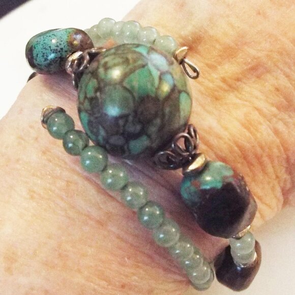 **RARE** LANDER BLUE GREEN SPIDERWEB TURQUOISE STONE W/ AVENTURINE BRACELET 47